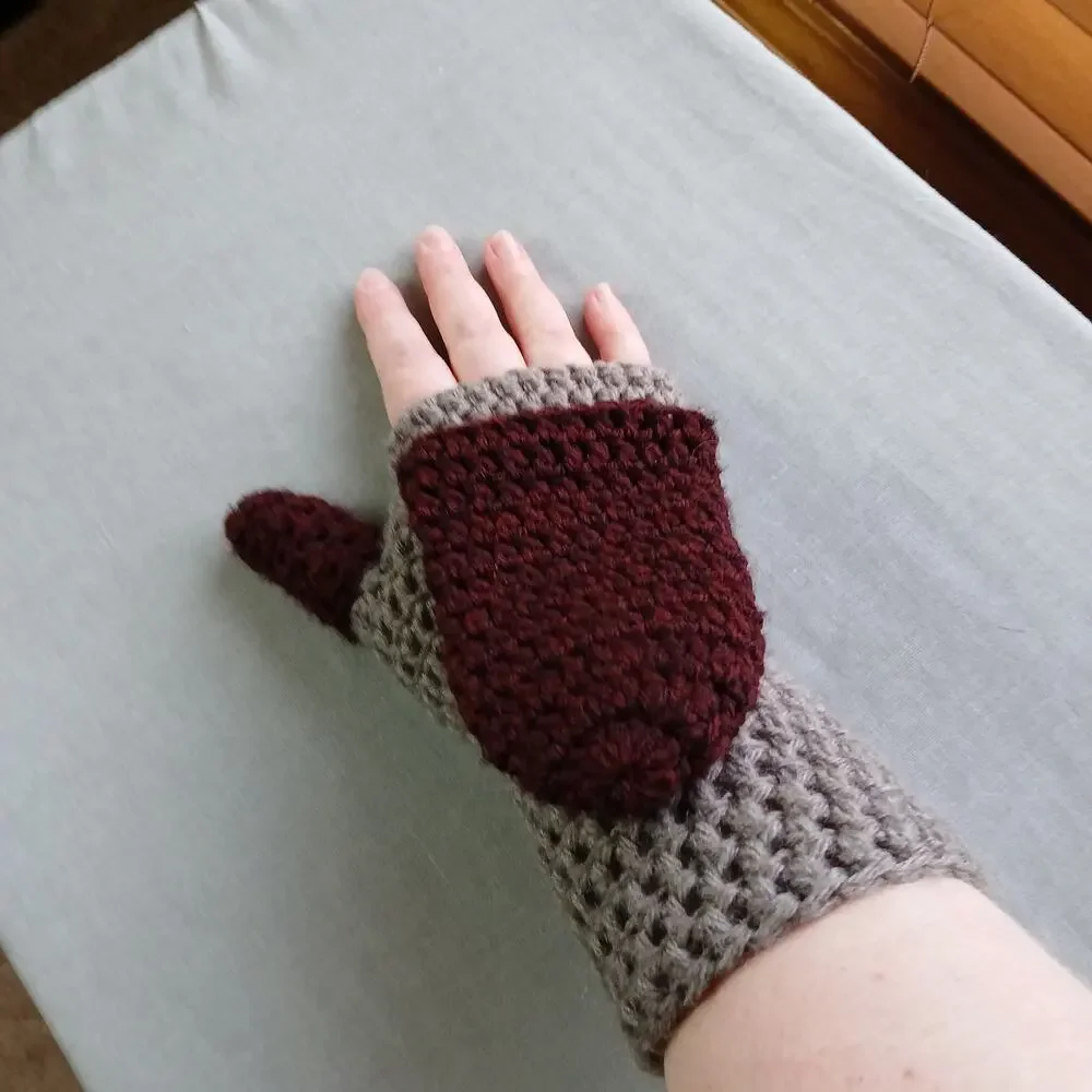 Convertible Crochet Fingerless Mitten Gloves adult size two-tone neutral premade